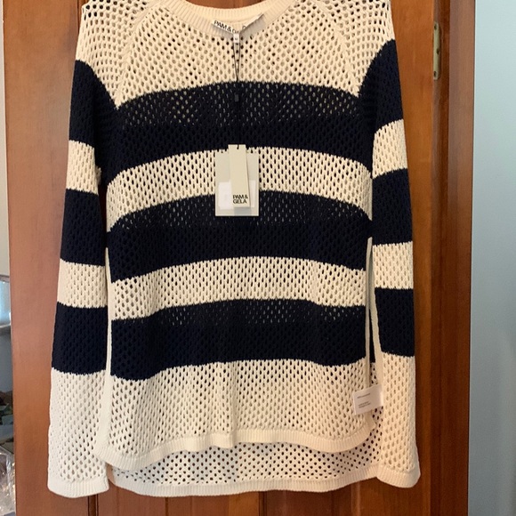 NWT Pam & Gela open weave hi low side slit cream/navy sweater - Picture 1 of 4